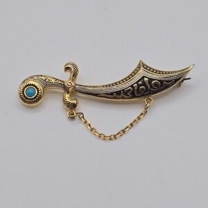 Vintage Gold Tone Sword Brooch Spain Turquoise‎ Accent Costume Jewelry